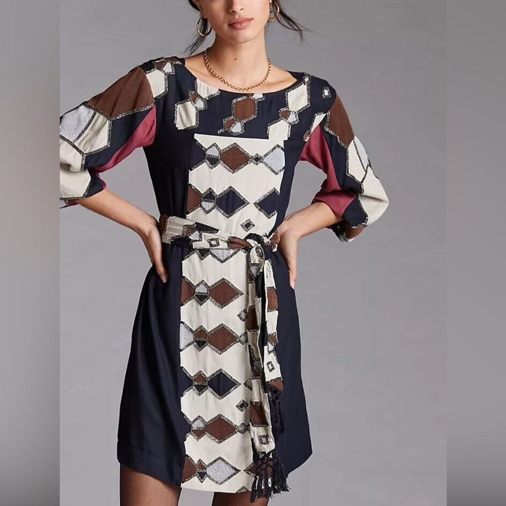 Anthropologie Beaded Shift Mini Dress Belt Elegant Size Small NWT